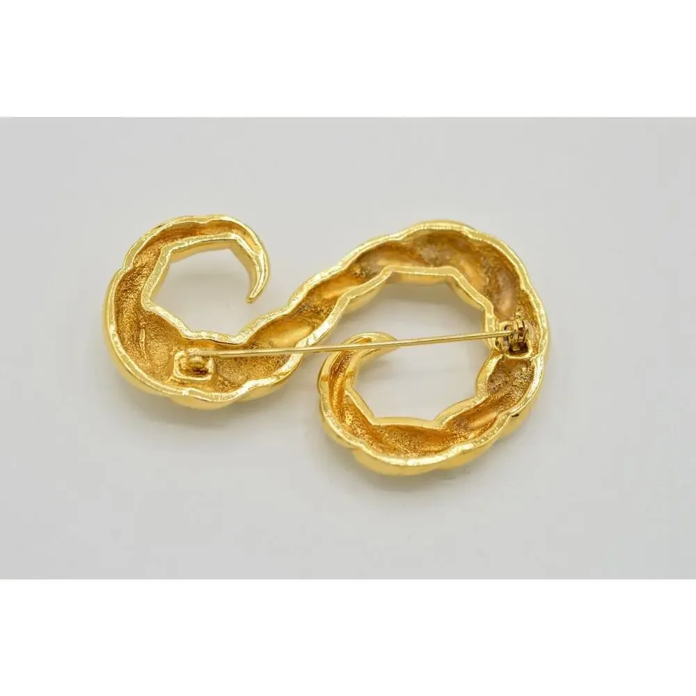 Vintage Rope Pin Brooch Gold Tone Metal Twisted Chunky Abstract 1980s 9B